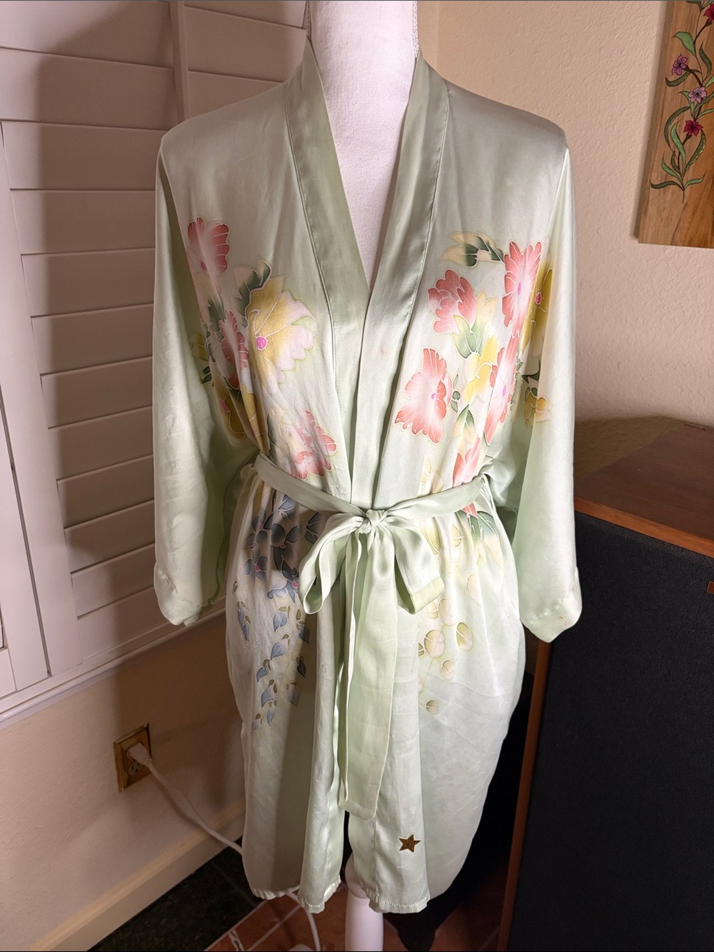 💗💚Vintage Mint Green & Baby Pink Floral 100% Pure Silk Robe/Kimono W/Belt Size L